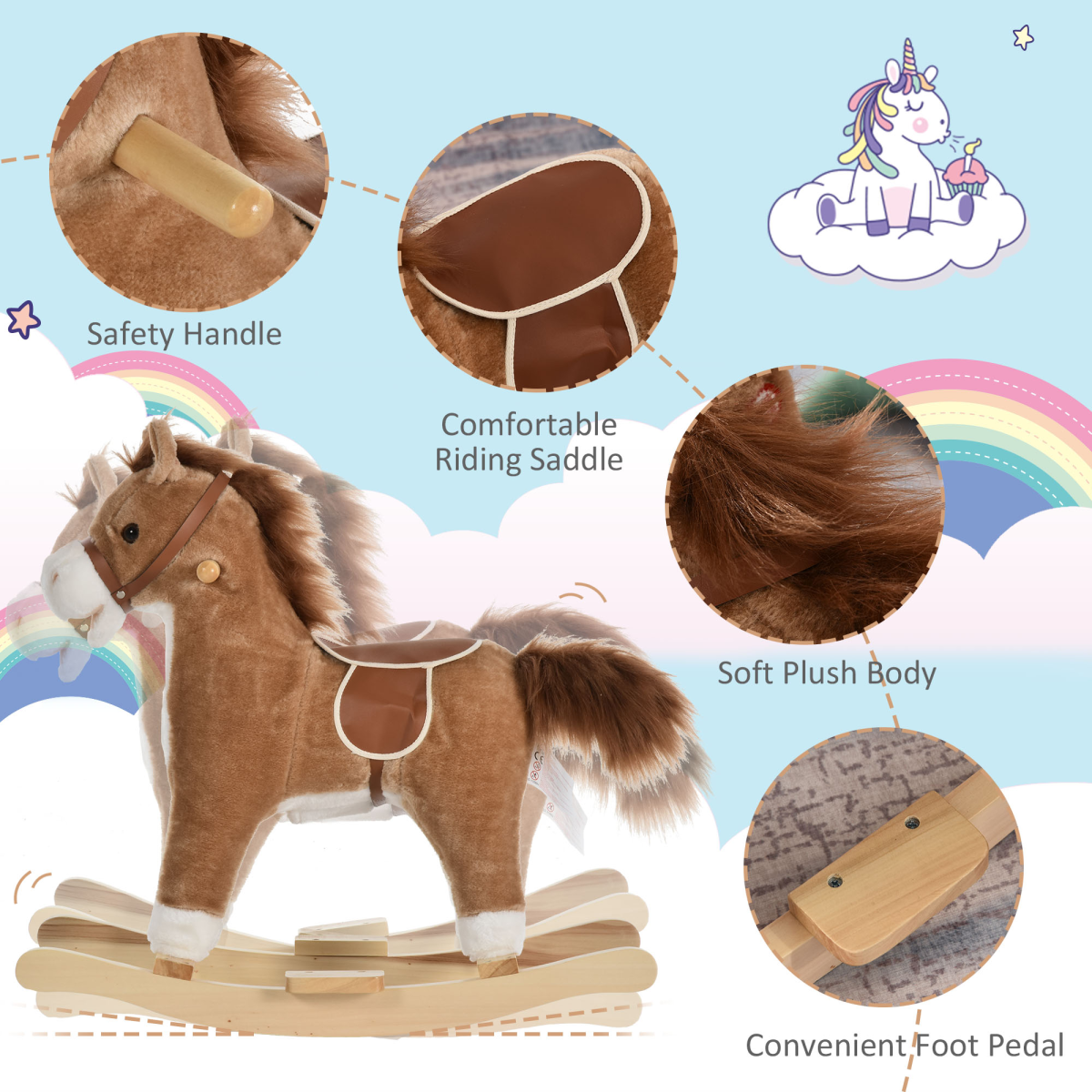 HOMCOM Kids Plush Rocking Horse with Moving Mouth, Wagging Tail and Sounds – Ride-On Toddler Rocker, Brown