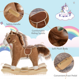 HOMCOM Kids Plush Rocking Horse with Moving Mouth, Wagging Tail and Sounds – Ride-On Toddler Rocker, Brown
