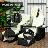 Outsunny 5-Level Adjustable Rattan Sun Lounger Set with Storage Footstools & Glass Side Table – Black