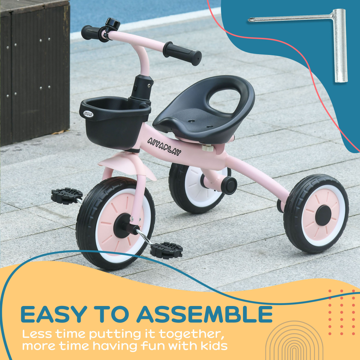 AIYAPLAY Kids Tricycle with Adjustable Seat, Basket and Bell – Toddler Trike for Ages 2-5, Pink