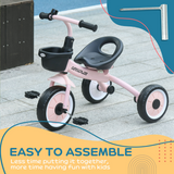 AIYAPLAY Kids Tricycle with Adjustable Seat, Basket and Bell – Toddler Trike for Ages 2-5, Pink