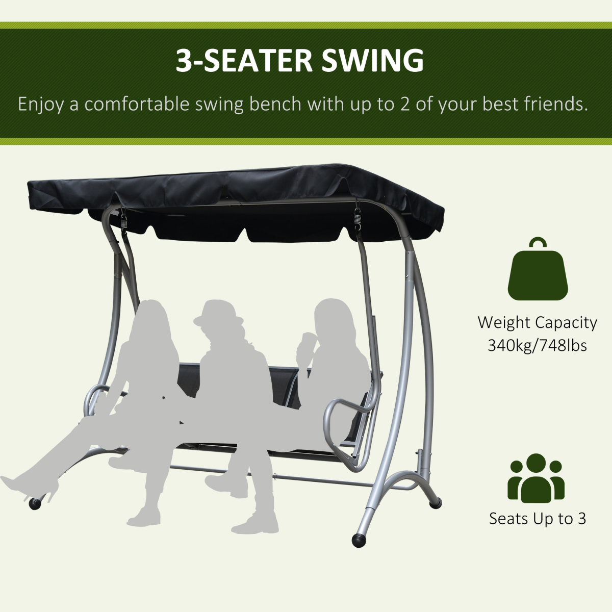 Outsunny 3 Person Steel Garden Swing Chair with Adjustable Canopy – Freestanding Patio Seat, Black