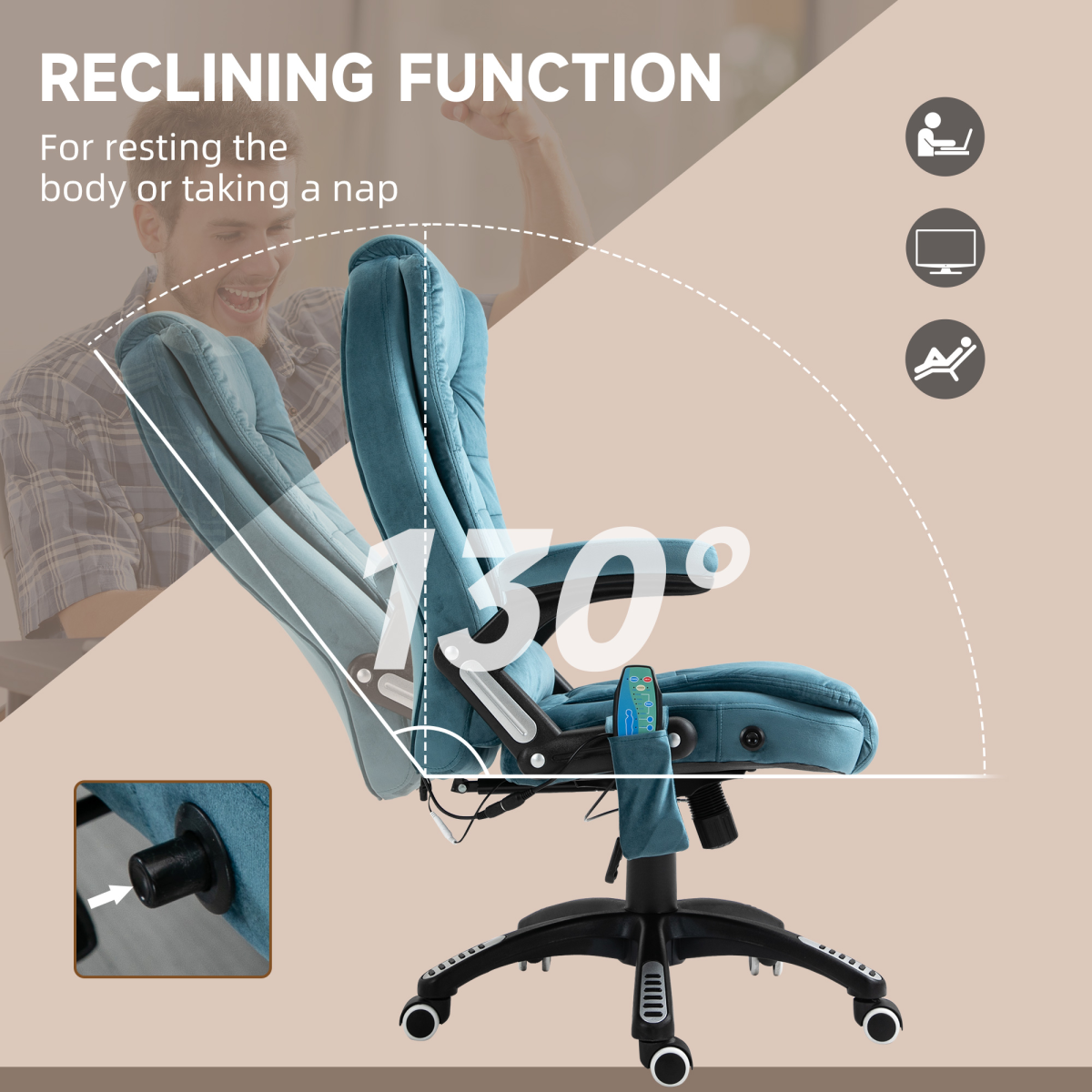 Executive Reclining Office Chair with Heated Massage & Padded Headrest – Swivel Base, Blue