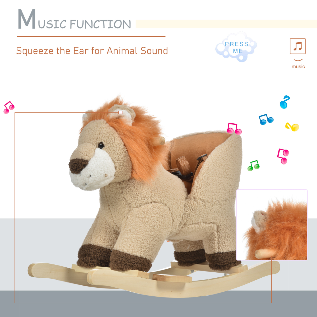 HOMCOM Kids Rocking Lion Ride-On with Plush Seat, Sound Button, Wooden Base and Seat Belt – Ages 18-36 Months