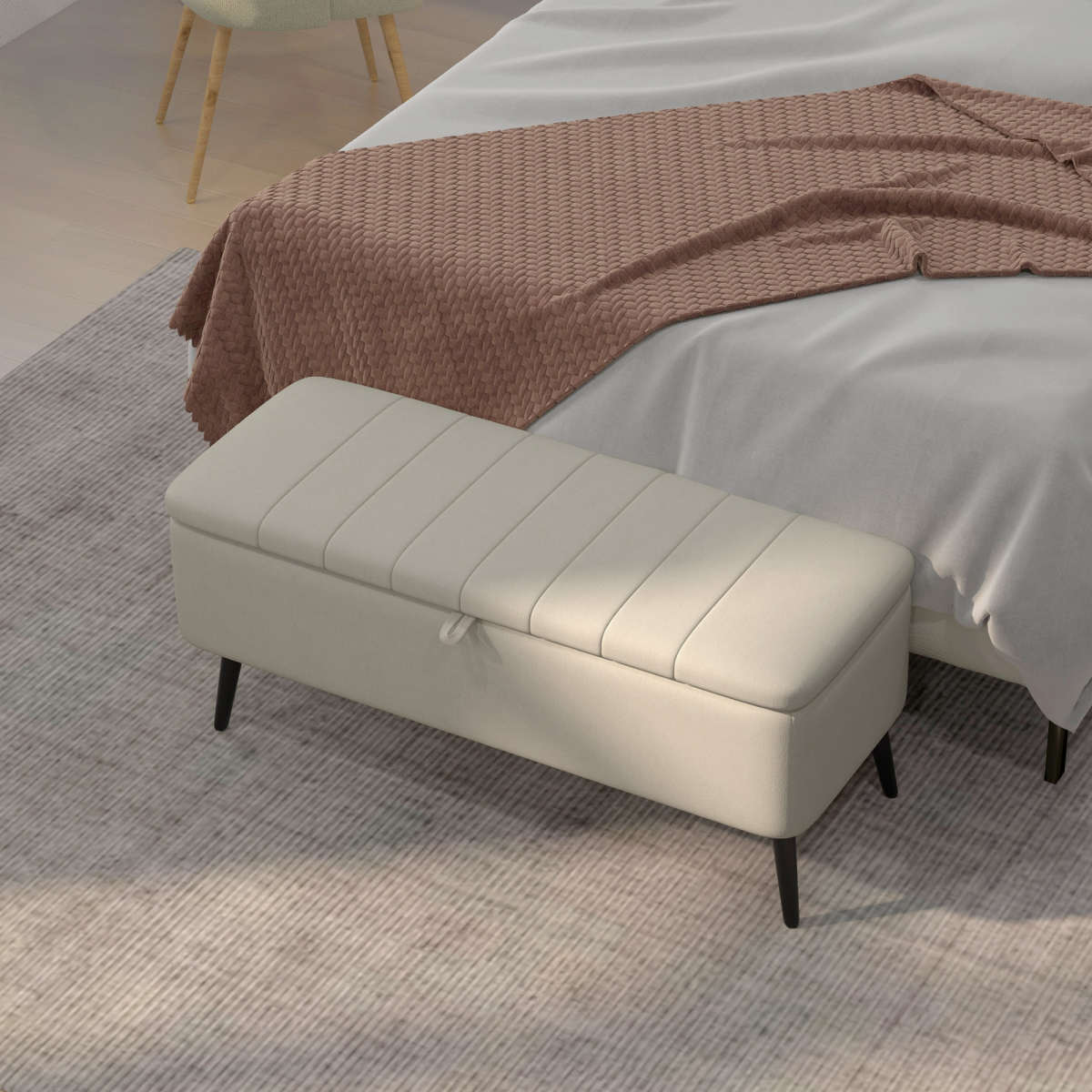 HOMCOM Linen Fabric Storage Ottoman Bench with Slim Steel Legs – Footstool & Seat with Under-Seat Storage, Cream White