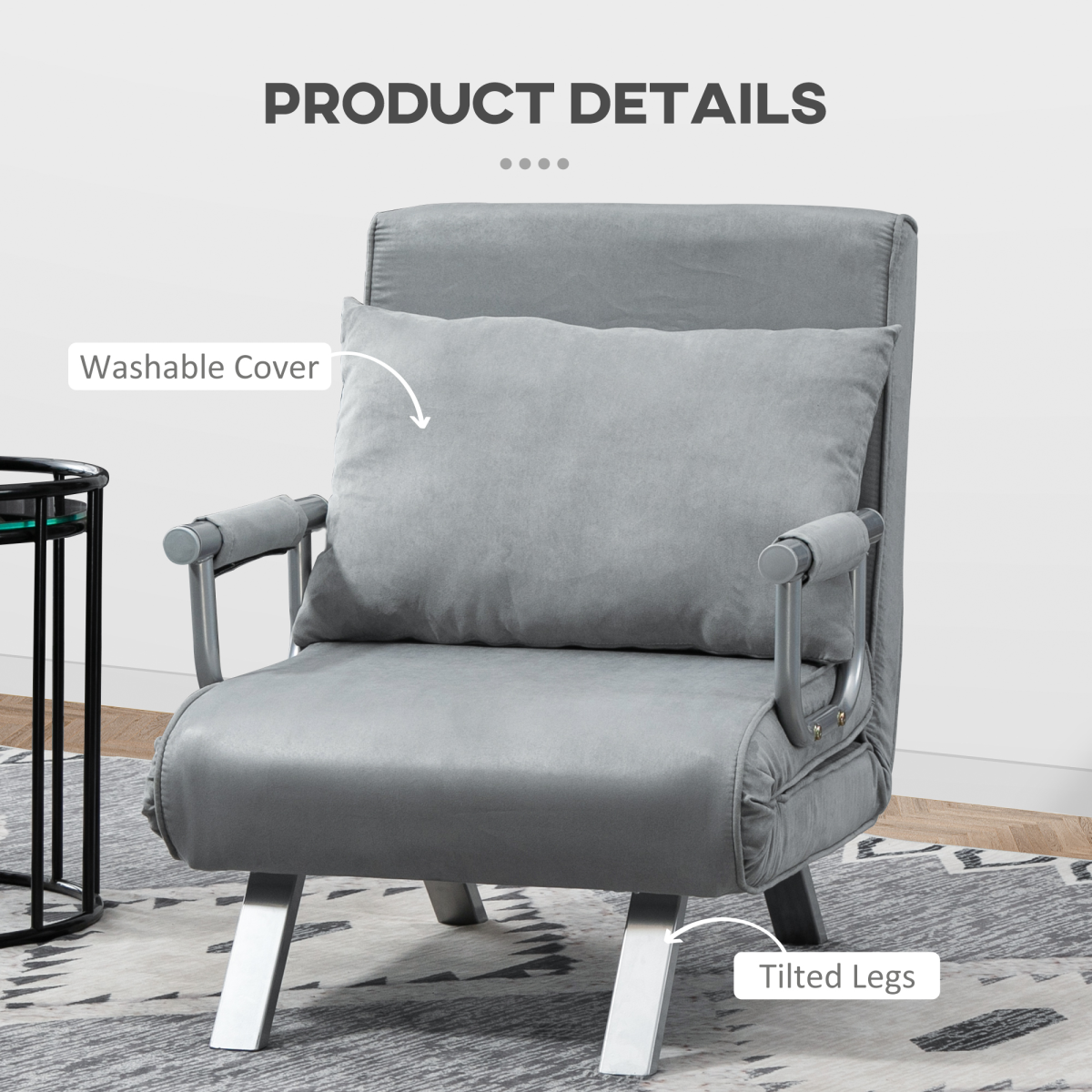 Dimension diagram of the HOMCOM foldable sofa bed armchair