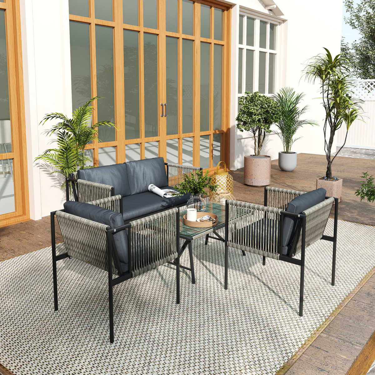 Outsunny 4 Seater Rattan Garden Furniture Set with Tempered Glass Coffee Table – Outdoor Sofa Set, Grey