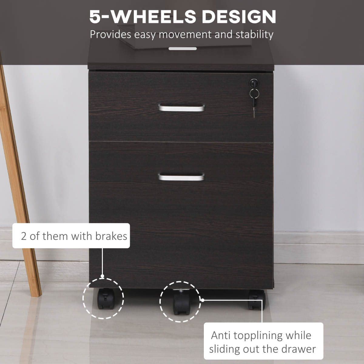 Vinsetto 2-Drawer Locking Mobile Filing Cabinet on 5 Wheels – Under-Desk Home Office Storage, Brown