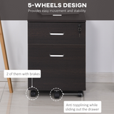 Vinsetto 2-Drawer Locking Mobile Filing Cabinet on 5 Wheels – Under-Desk Home Office Storage, Brown