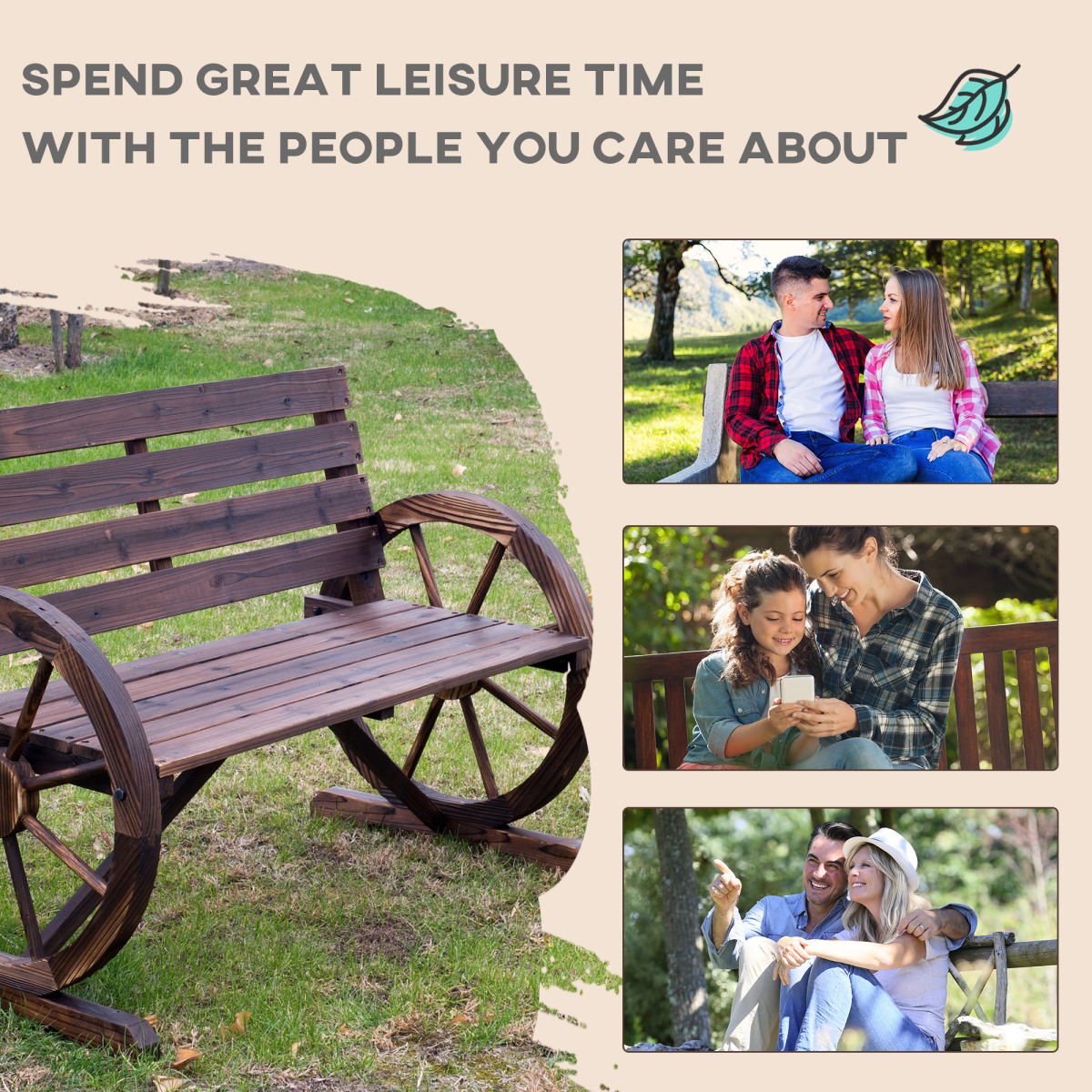 Outsunny Wagon Wheel Wooden Garden Bench with High Back & Armrests – 2-Seater Outdoor Loveseat, Brown