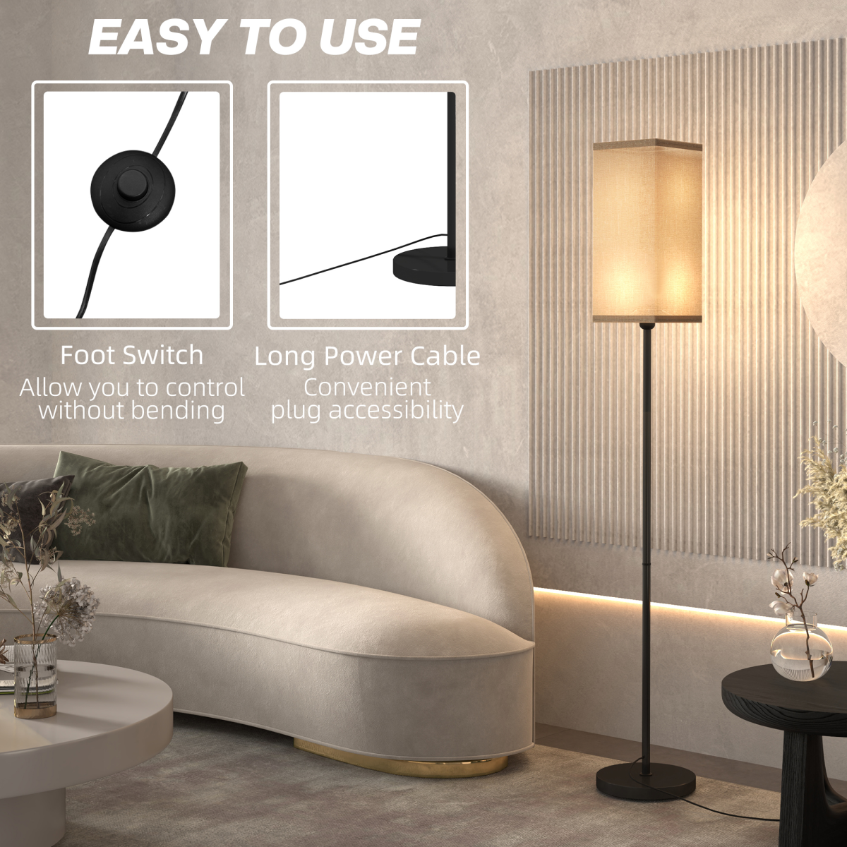 HOMCOM Linen Shade Standing Floor Lamp – Black