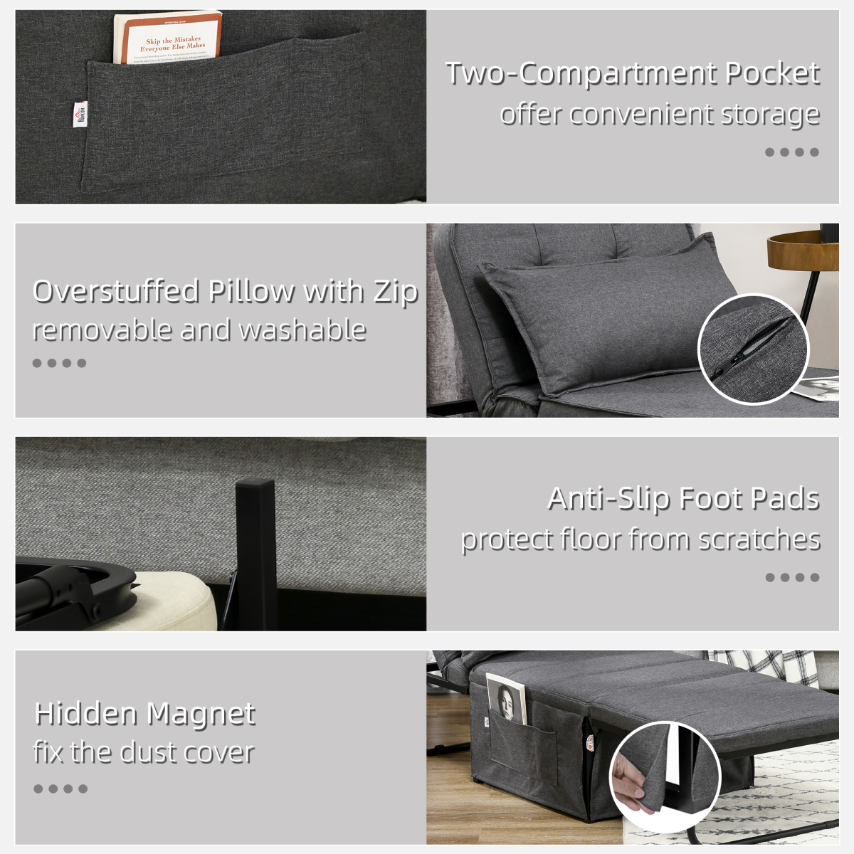 HOMCOM 4-in-1 Folding Sleeper Chair Bed with Pillow & Side Pockets – Space-Saving Spare Bed, Charcoal