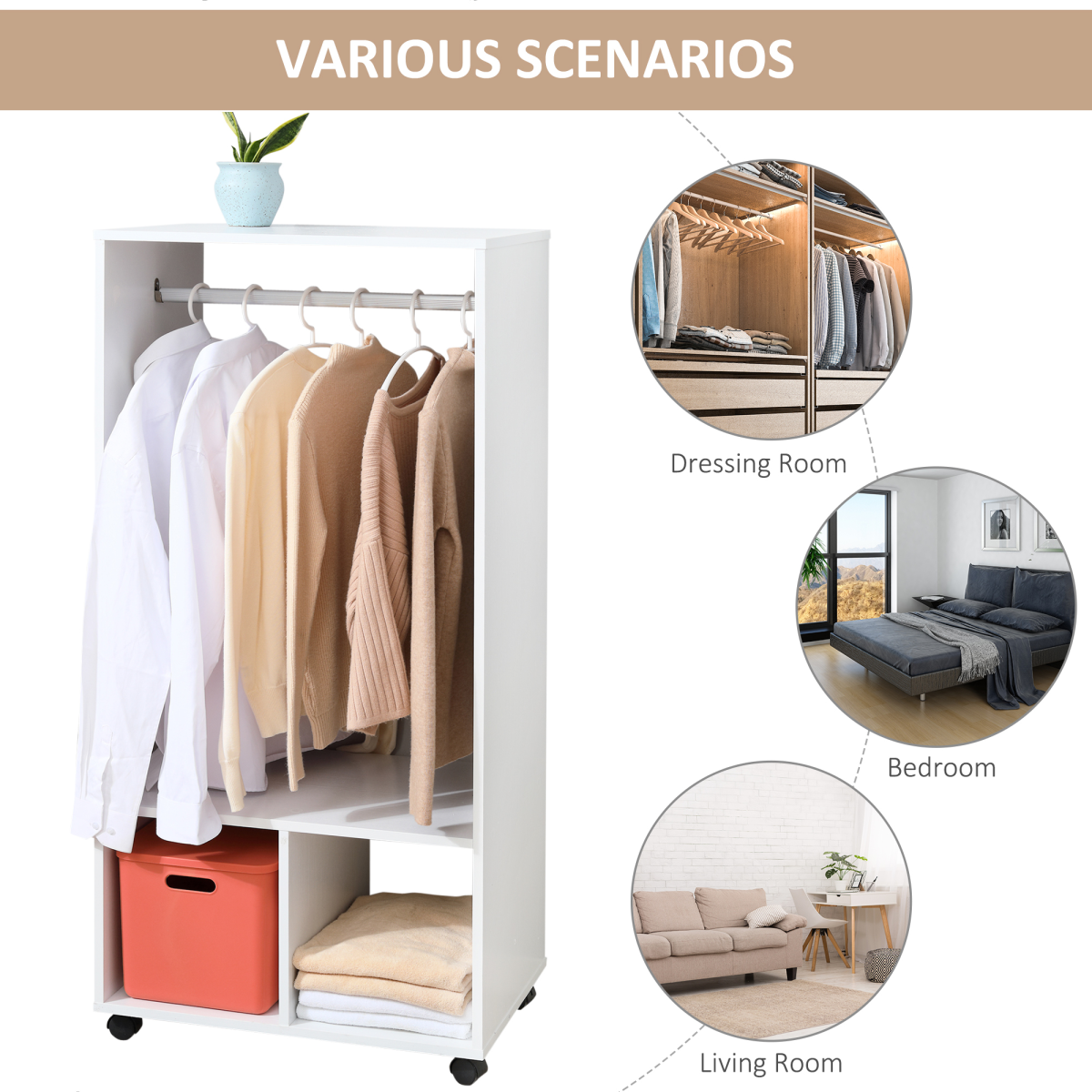 Open Wardrobe Clothes Rail with Hanging Rod, Shelves and 4 Lockable Wheels – Bedroom Storage, White