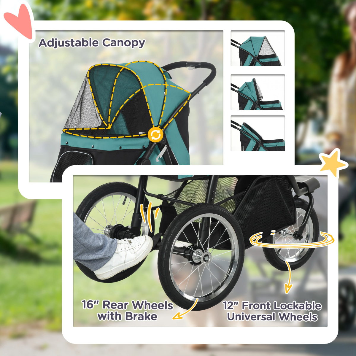 PawHut 3 Wheel Pet Stroller for Small & Medium Dogs with Canopy & Storage – Foldable Cat Pram, Green