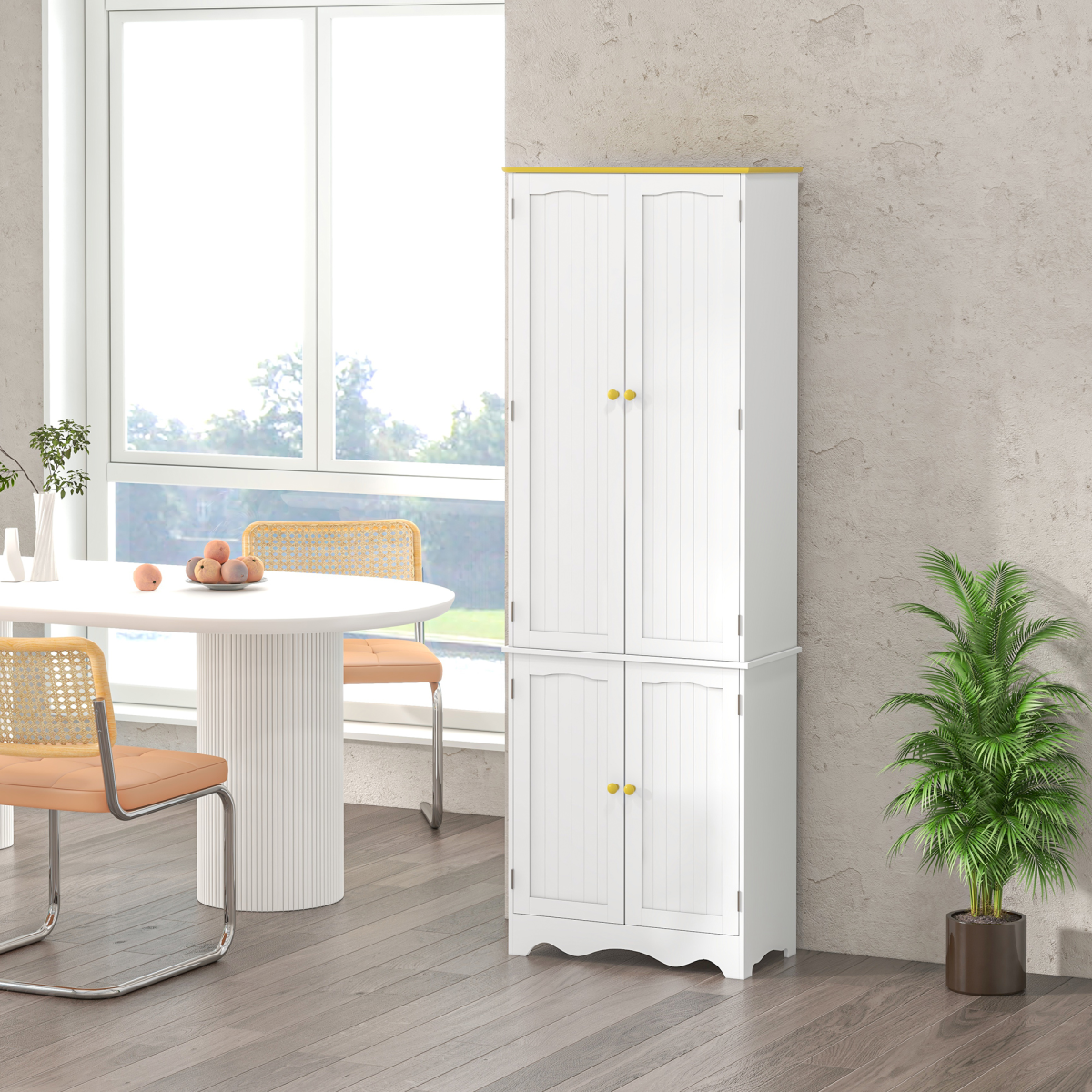 Freestanding 4-Door Kitchen Cupboard with 4 Shelves – Pantry Storage for Dishes, Pans & Dry Goods, White
