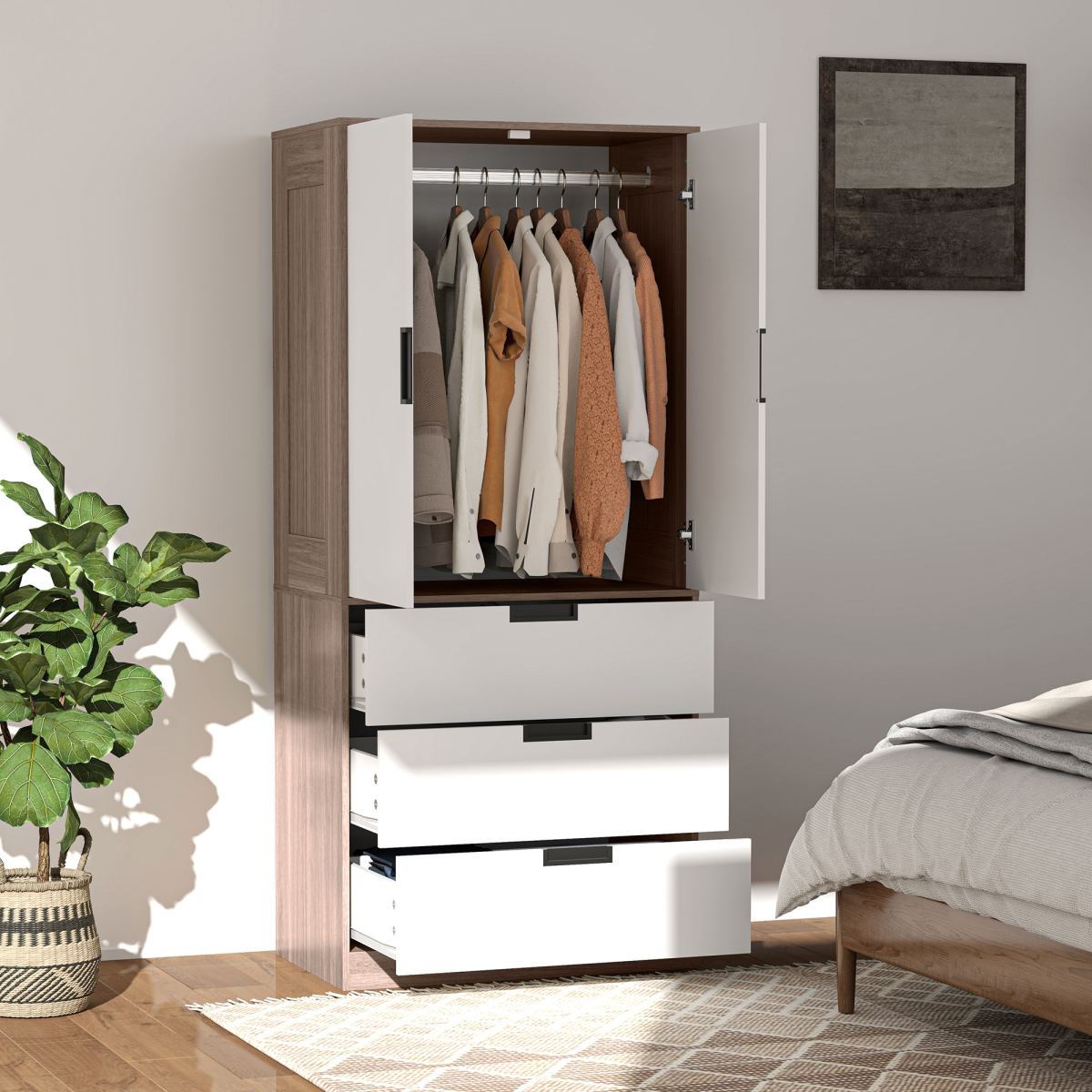 HOMCOM 2-Door Wardrobe with 3 Drawers & Hanging Rail – Bedroom Storage, Brown & White