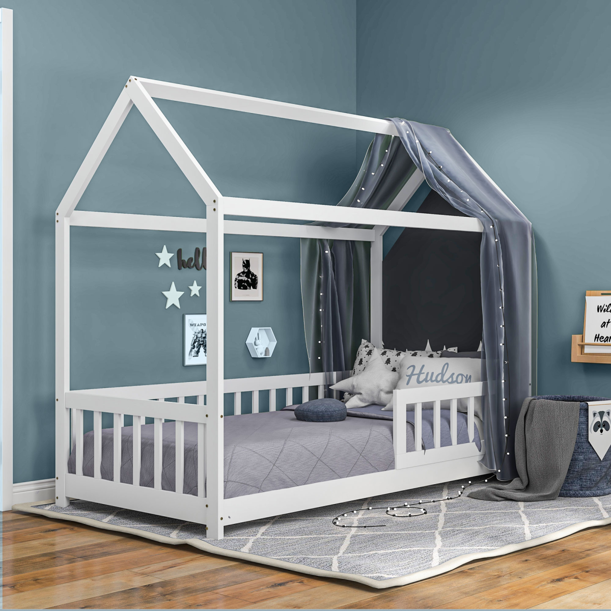 HOMCOM House-Shaped Kids Single Bed Frame with Safety Fence – Solid Pine, White