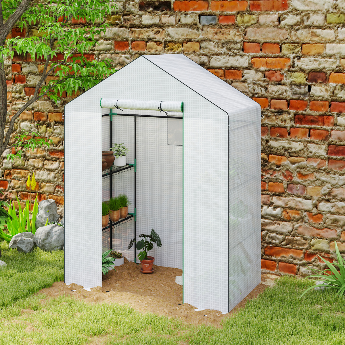 Outsunny Walk-in Greenhouse with 4 Shelves, UV-Resistant Cover & Roll-Up Zipped Door – Small Garden Greenhouse, White