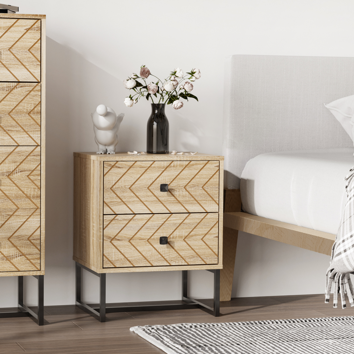 HOMCOM 2-Drawer Bedside Table with Zig-Zag Design – Anti-Tipping Storage Unit, Black Metal Handles