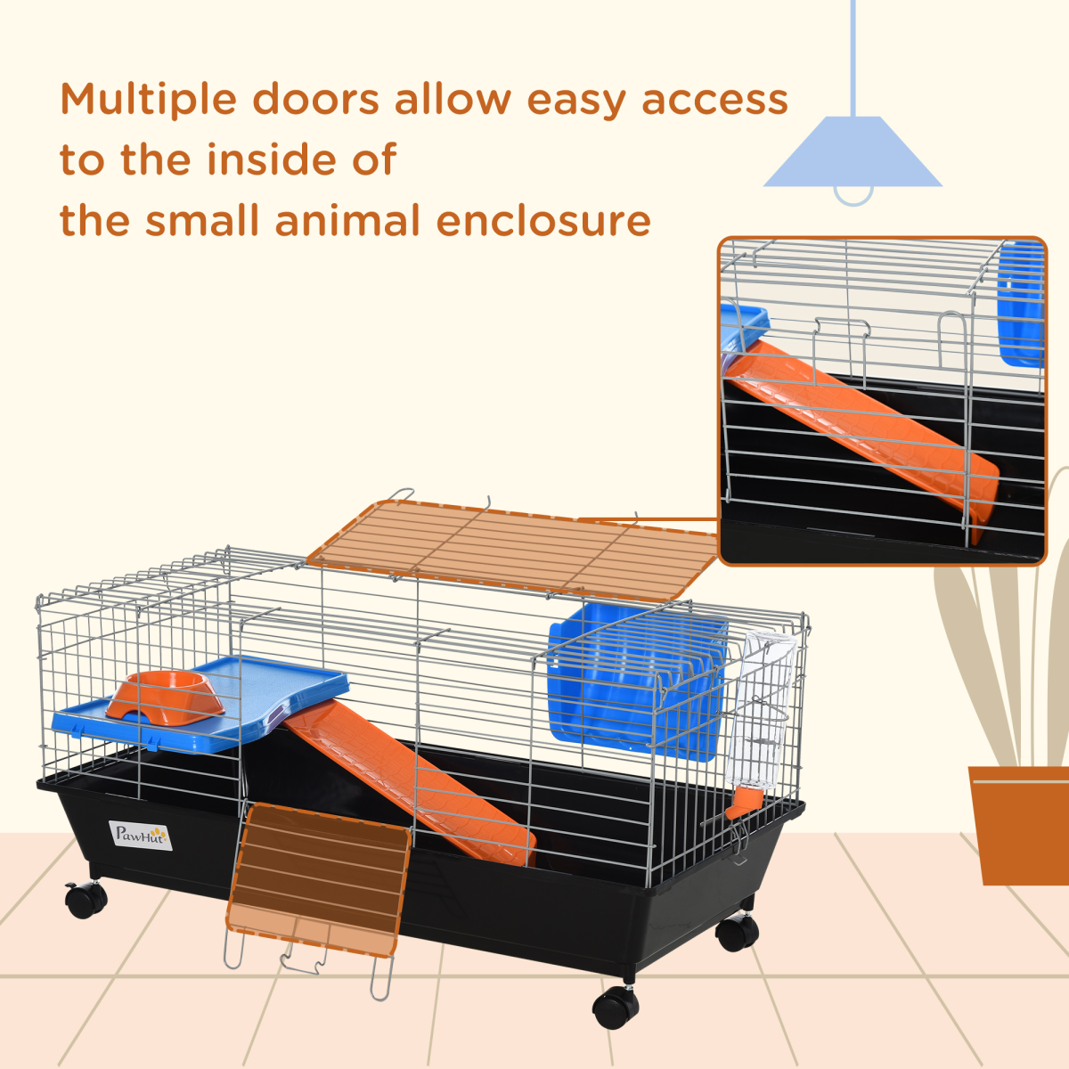 Pawhut 89cm Small Animal Cage with Lockable Wheels, Platform & Ramp – Rabbit, Ferret & Chinchilla Home, Black