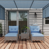 Outsunny 5-Piece Wicker Patio Conversation Set with 10cm Cushions, Footstools & Tempered Glass Coffee Table – Garden Furniture, Grey & Blue