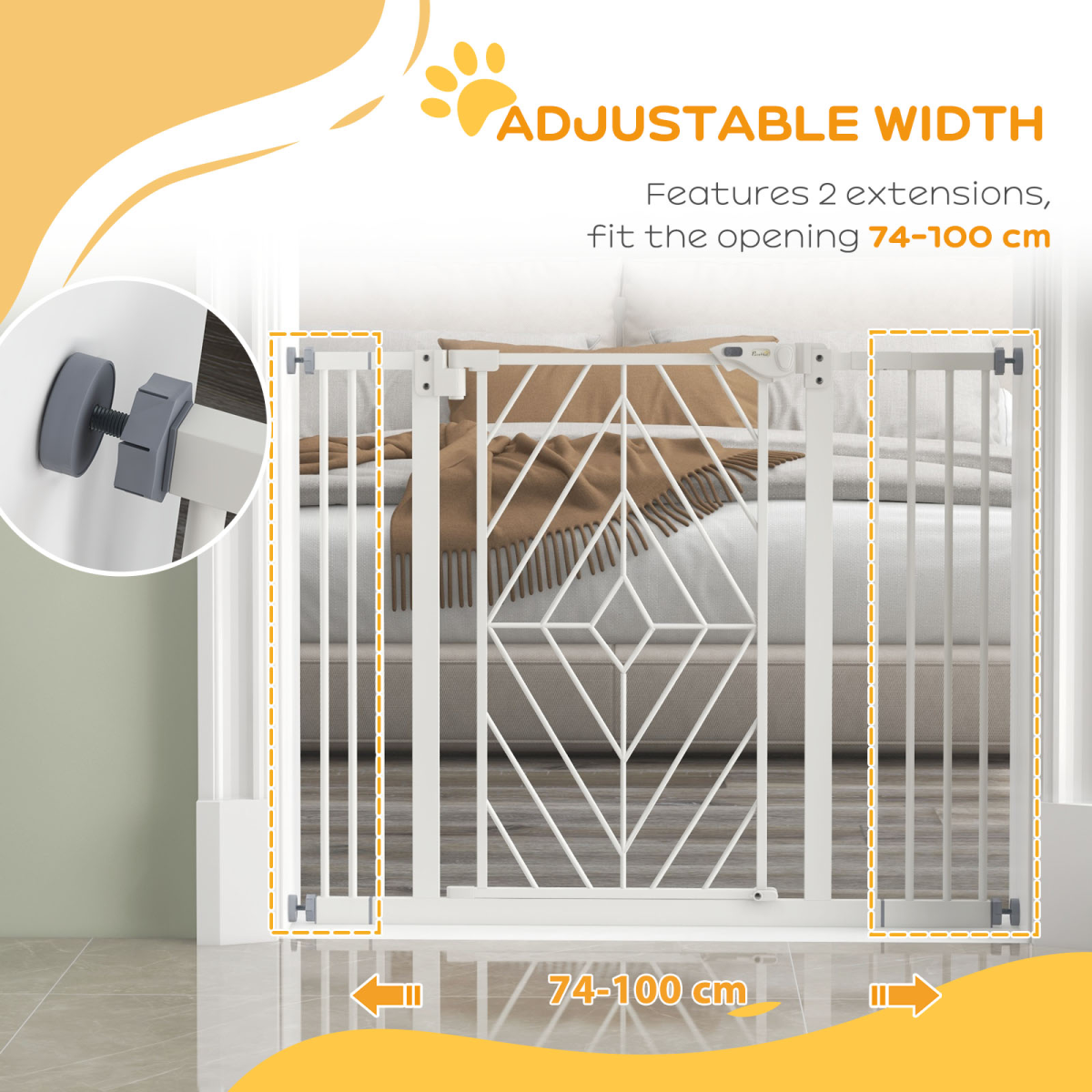 PawHut Pressure Fit Pet Safety Gate with Auto-Close Door & Double Lock, 74–100cm – Steel Dog Stair Gate, White