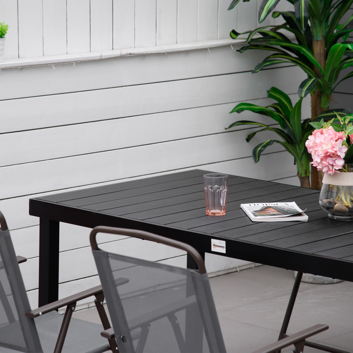 Outsunny Outdoor Dining Table for 8 with Water-Resistant Wood-Effect Top & Aluminium Frame – Patio, Black