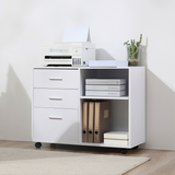Freestanding Mobile Storage Cabinet with 3 Drawers, 2 Open Shelves & Wheels – Home Office Organiser, White