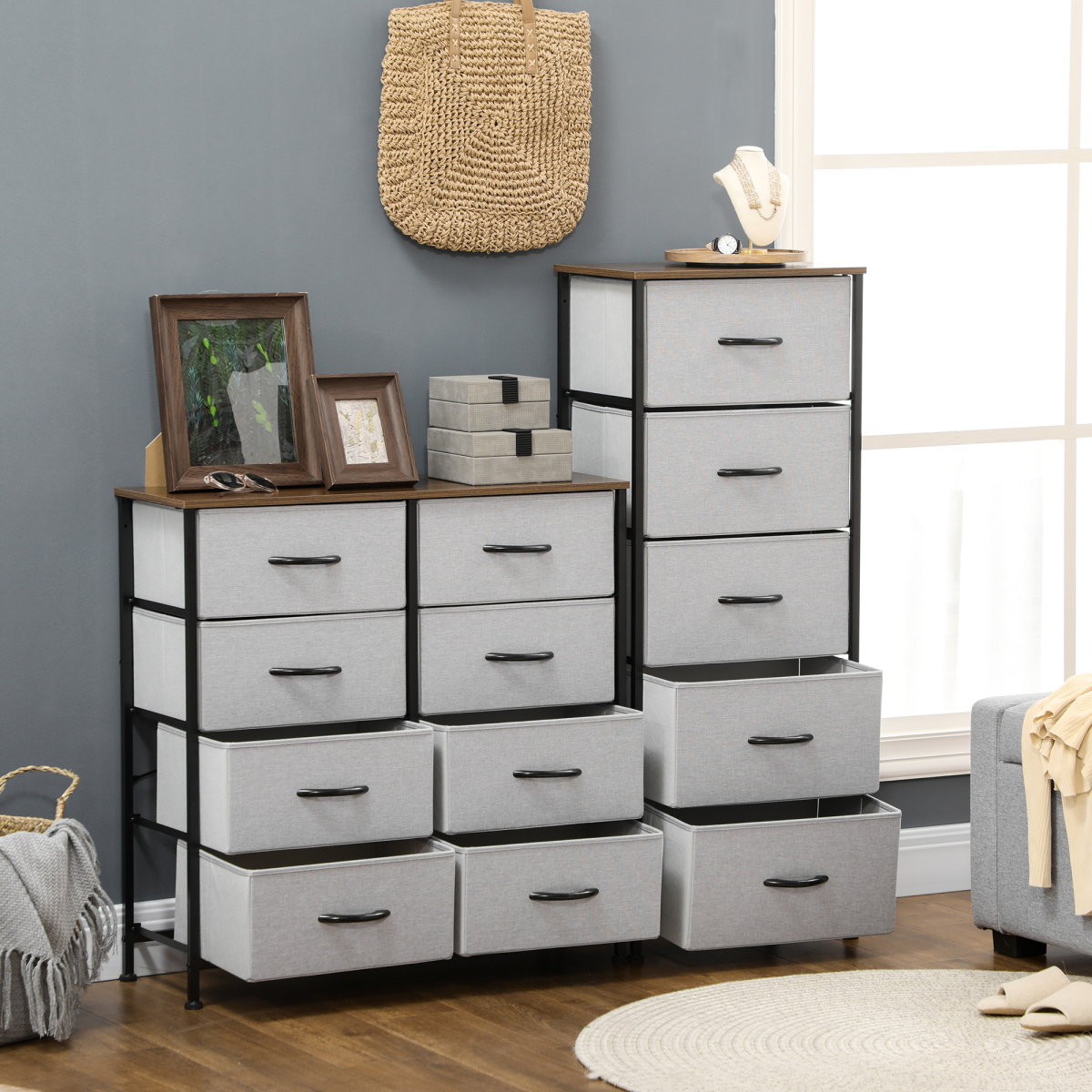 HOMCOM 5-Drawer Fabric Chest of Drawers with Steel Frame & Wooden Top – Bedroom Storage, Grey