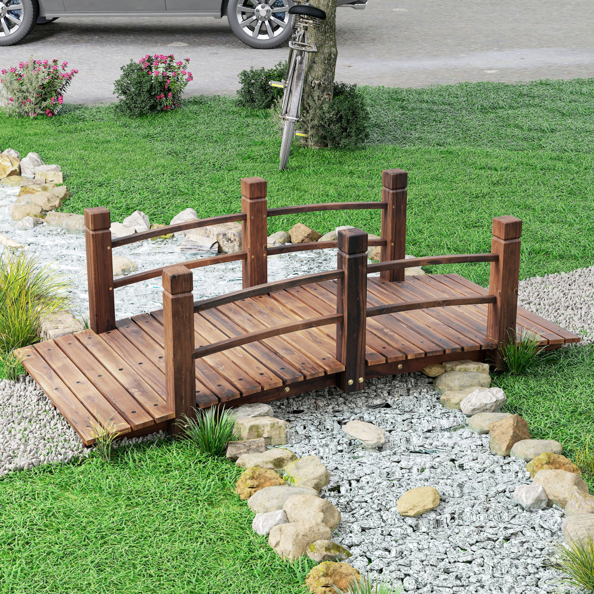Outsunny Wooden Garden Bridge with Side Rails, Stained Fir Wood Arch – Outdoor Pond & Stream Walkway