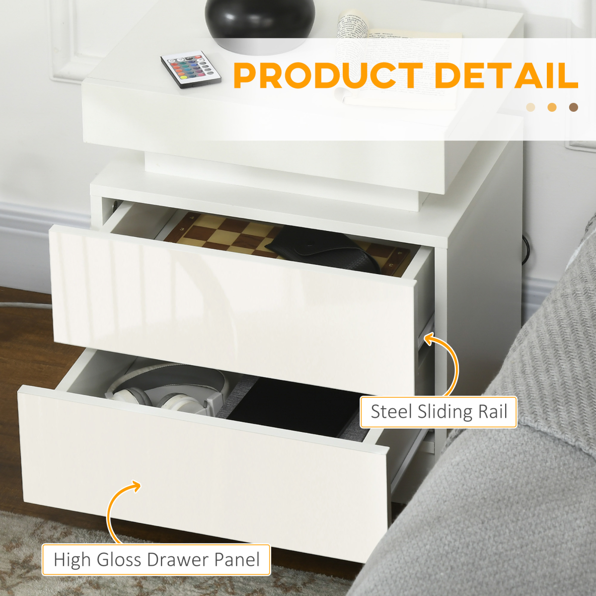 HOMCOM White High Gloss Bedside Table with LED Light Strip and 2 Drawers – Bedroom Nightstand with Storage
