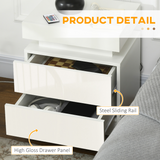 HOMCOM White High Gloss Bedside Table with LED Light Strip and 2 Drawers – Bedroom Nightstand with Storage