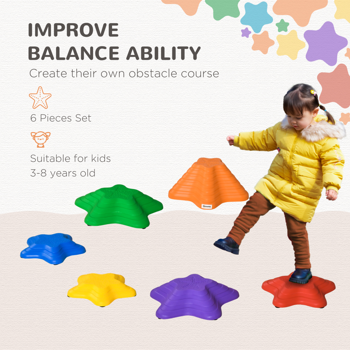 Outsunny 6-Piece Balance Stepping Stones Set, Stackable and Non-Slip – Kids Obstacle Course for Ages 3-8