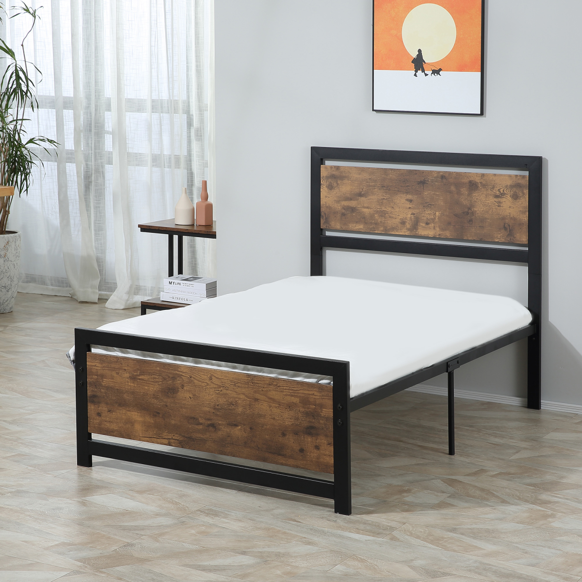 HOMCOM Single Metal Bed Frame with Headboard & Footboard – Sturdy Bedroom Furniture, 97 x 195cm