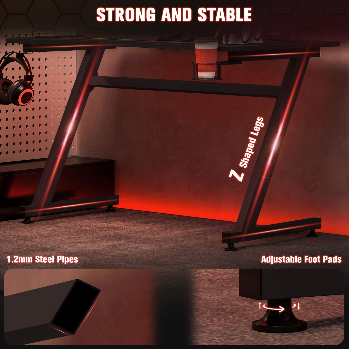 Steel Gaming Desk with Cup Holder & Headphone Hook – Large Desktop, Adjustable Feet, Black