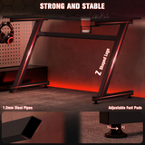 Steel Gaming Desk with Cup Holder & Headphone Hook – Large Desktop, Adjustable Feet, Black