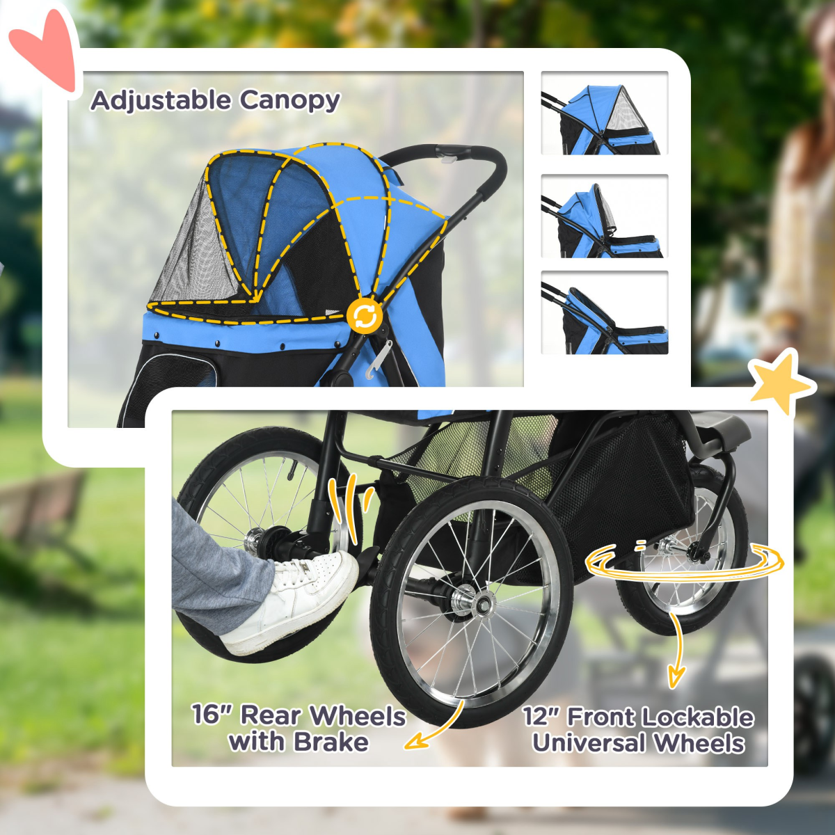 PawHut 3 Wheel Foldable Pet Stroller with Canopy & Mesh Windows – Dog Pram for Small Dogs, Blue