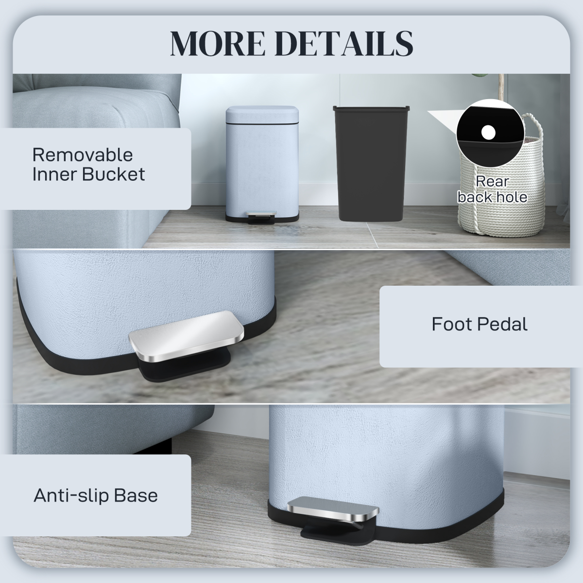 HOMCOM 12L Metal Pedal Bin with Soft-Close Lid, Hands-Free Foot Pedal – Compact Kitchen Bin, Light Blue