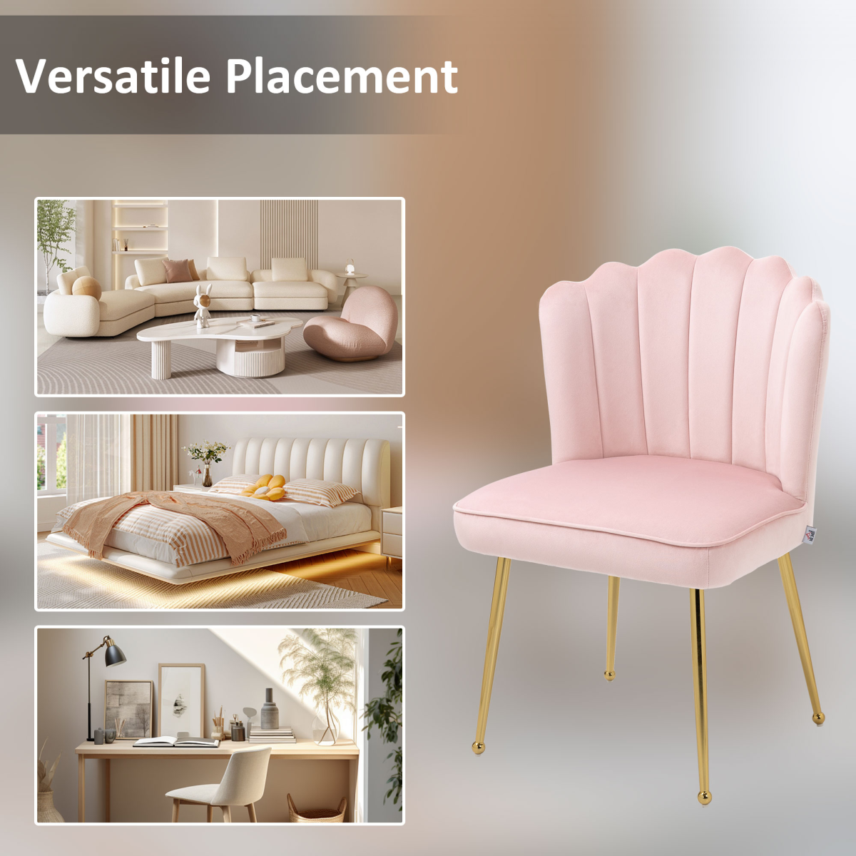 HOMCOM Velvet-Feel Shell Accent Chair with Scalloped Back & Metal Legs – Bedroom Armchair, Pink