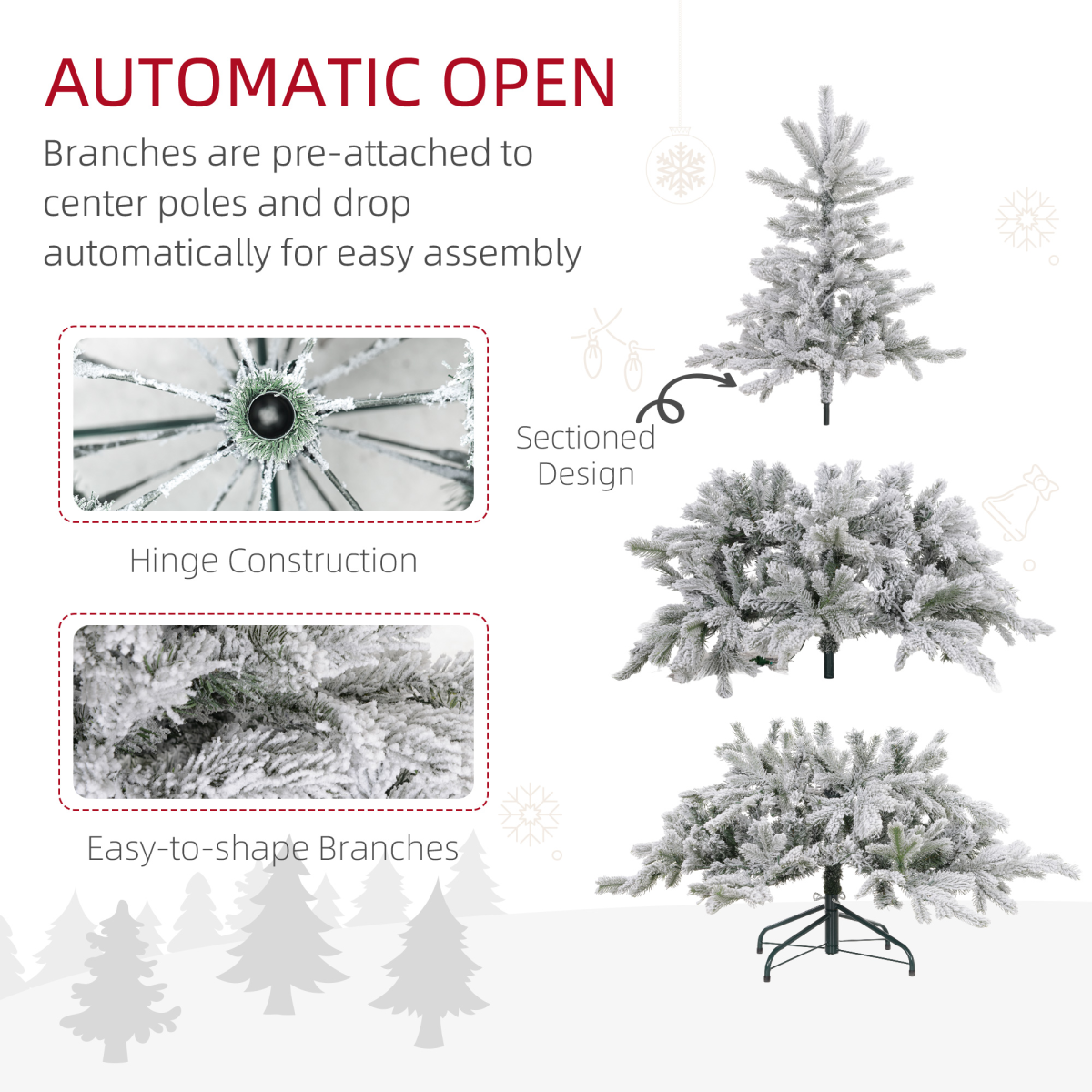 HOMCOM 5ft Artificial Christmas Tree with Realistic Snow Branches and 200 Warm White LED Lights – Auto Open