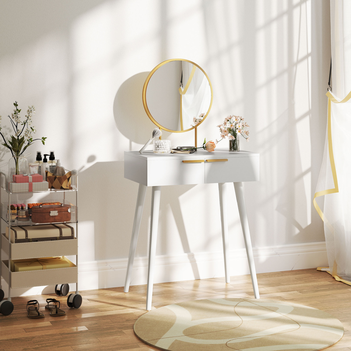 HOMCOM Modern Dressing Table with 2 Drawers & Round Mirror – Bedroom Vanity Table, White