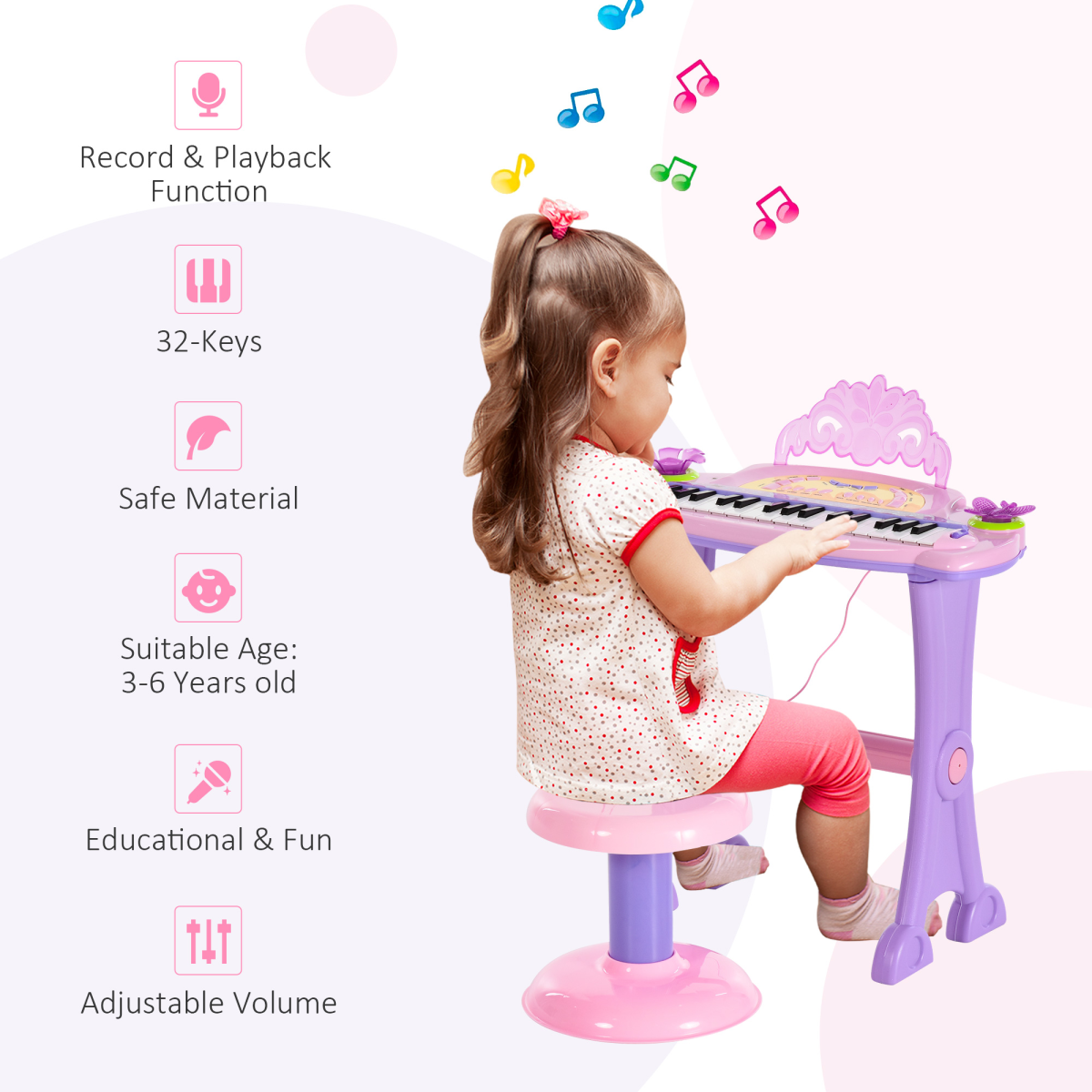 HOMCOM Kids 32-Key Electronic Keyboard with Microphone & Stool – Mini Organ Piano Toy for Ages 3-6