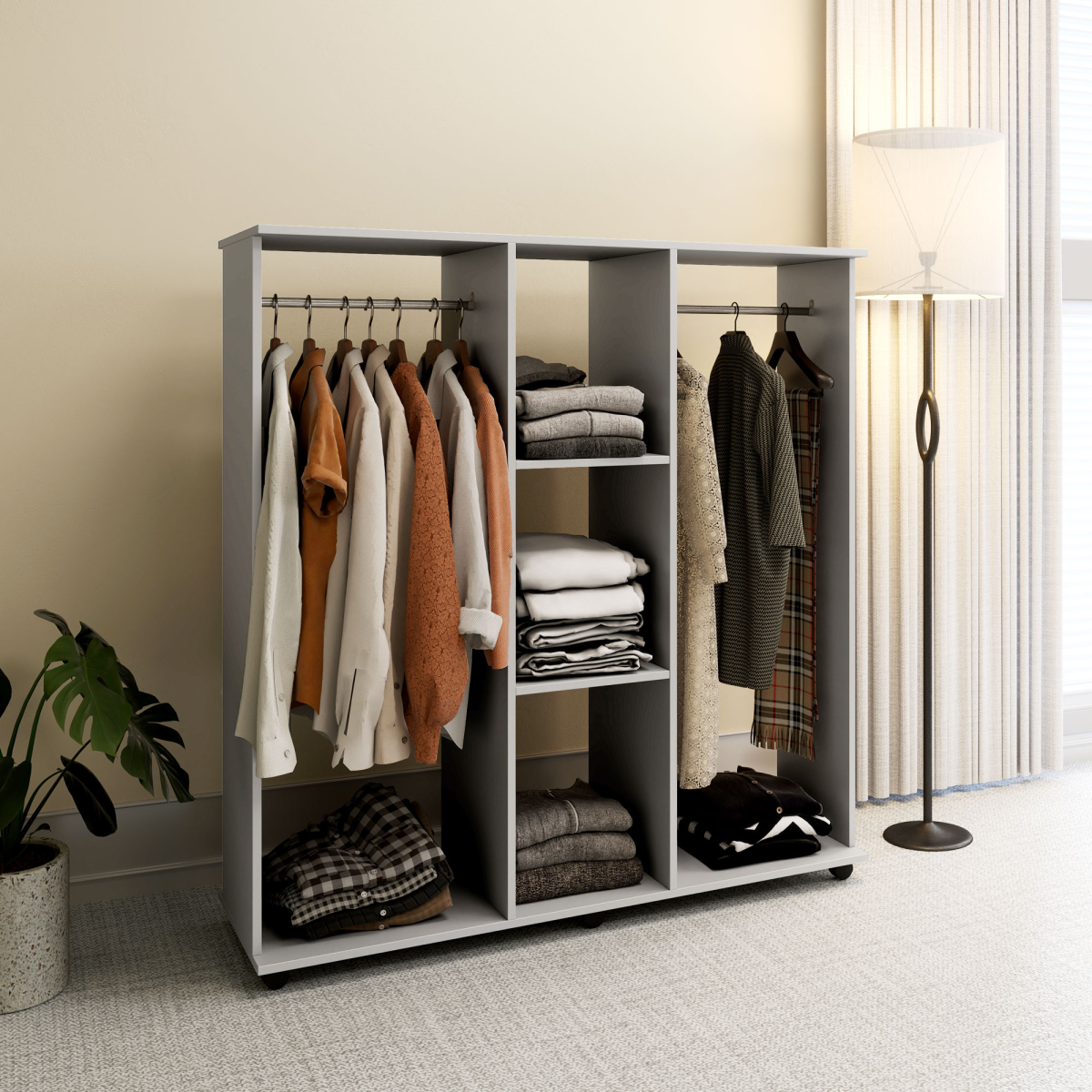 HOMCOM Mobile Double Open Wardrobe with 2 Hanging Rails and Wheels – Bedroom Clothes Storage, Grey