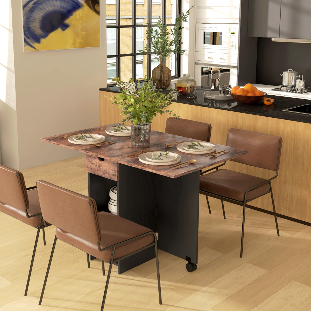 HOMCOM Expandable Dining Table with Built-In Storage – Seats Four, Rustic Brown Wood-Effect Kitchen Table