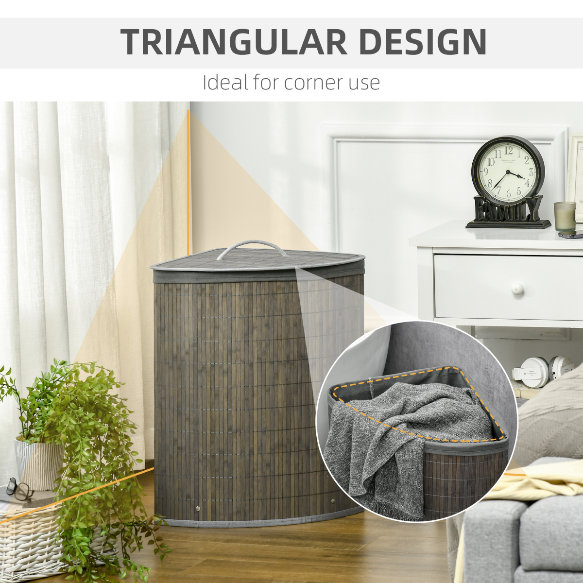 HOMCOM 55L Bamboo Corner Laundry Hamper with Removable Fabric Liner – Space-Saving Storage, Grey
