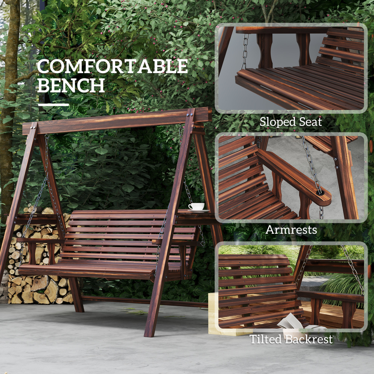 Outsunny 3-Seater Wooden Garden Swing Chair with Side Tables, Adjustable Chains and Cushion – Fir Wood