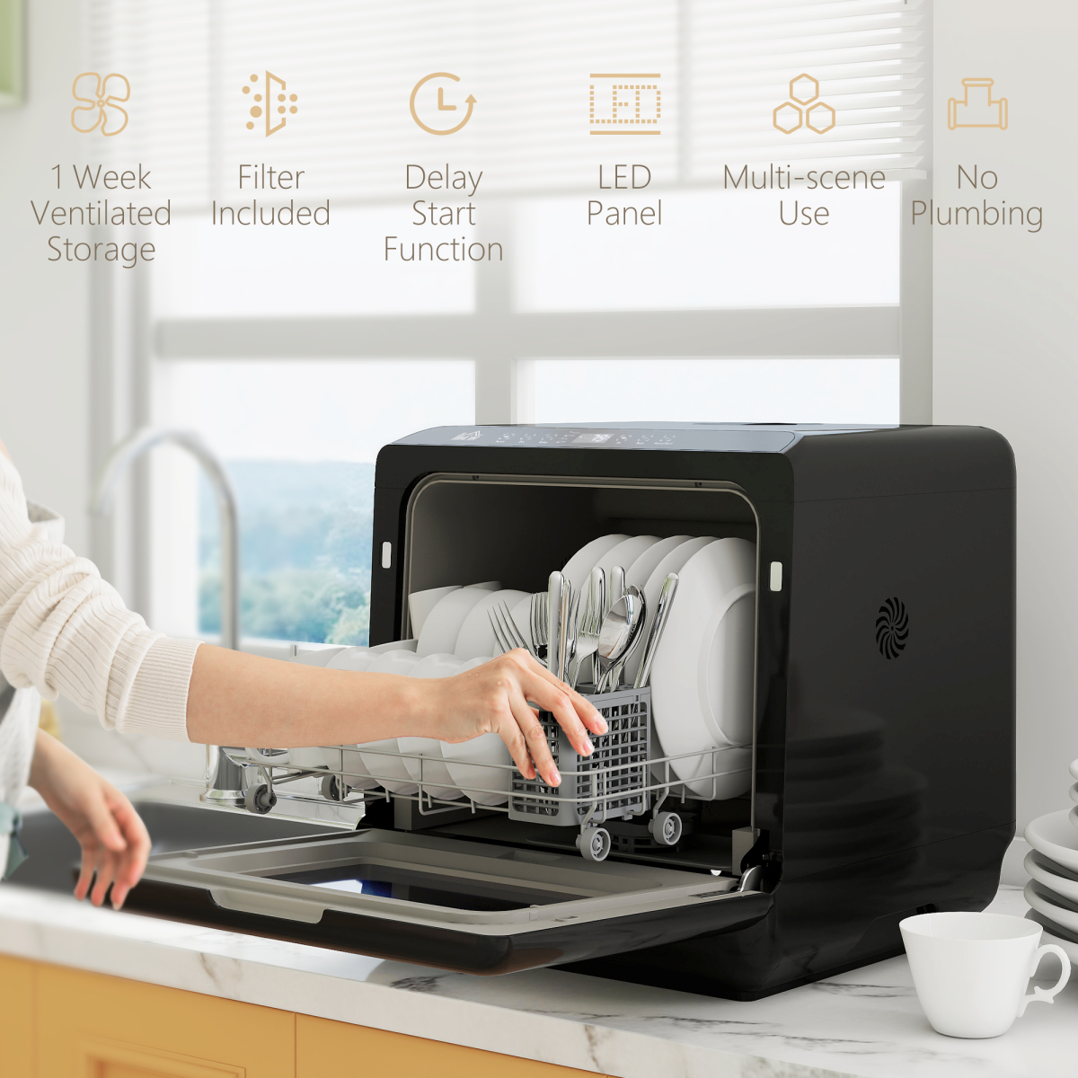 HOMCOM Countertop Dishwasher with Dual Water Supply & 5 Wash Cycles – Compact 4 Place Setting, Black