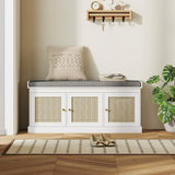 HOMCOM Shoe Storage Bench with Rattan Doors and Seat Cushion – Boho Entryway Shoe Cabinet Bench, White and Grey