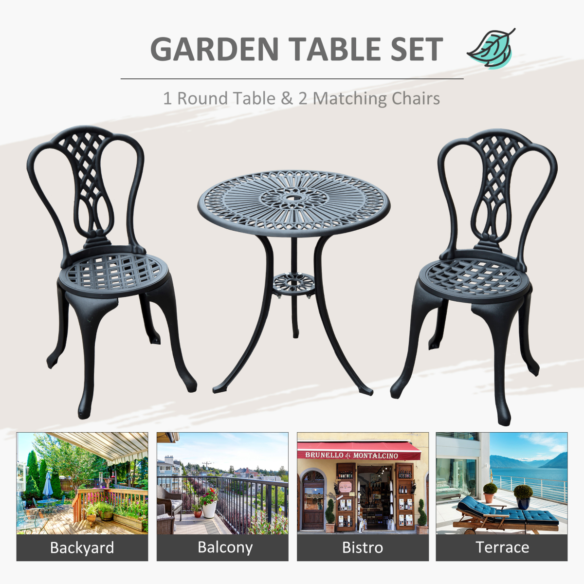 Outsunny 3-Piece Cast Aluminium Bistro Set with Parasol Hole – Garden Table & 2 Chairs for Patio