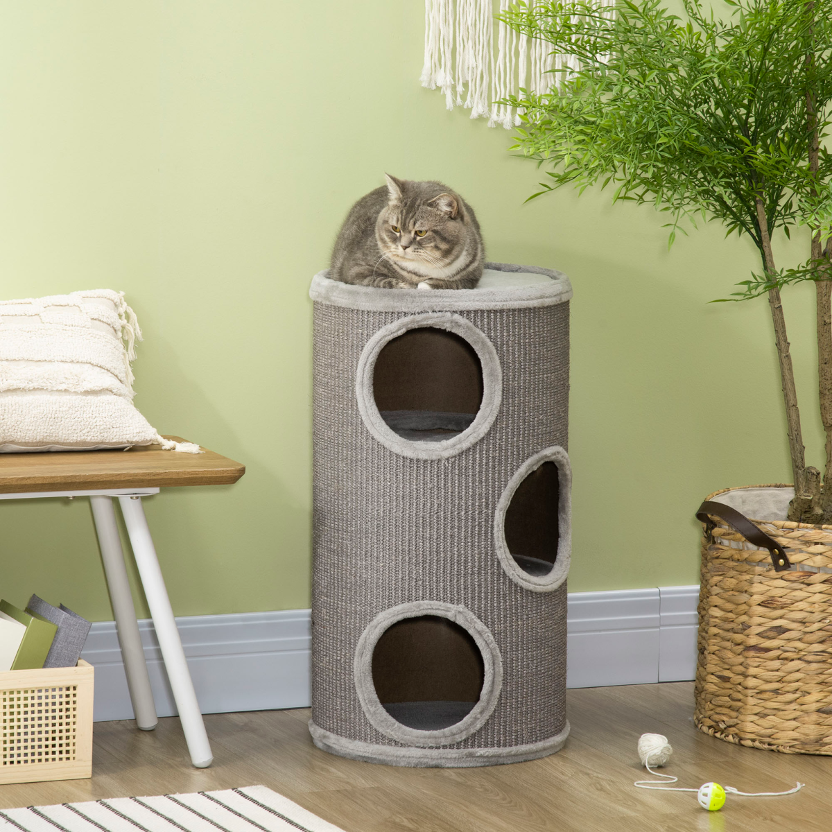 PawHut Cat Barrel Tree Tower for Indoor Cats and Kittens with Sisal Cover and Cosy Platform – Light Grey